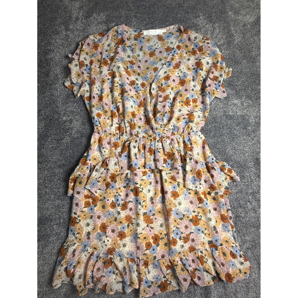 ASTR the Label Taupe Multi Floral Tiered Ruffle Mini Dress ADR100672-003 Medium